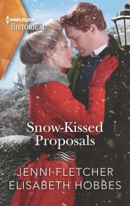 A couple dressed in Victorian clothing stand in the snow embracing each other. The title of the cover is Snow-Kissed Proposals